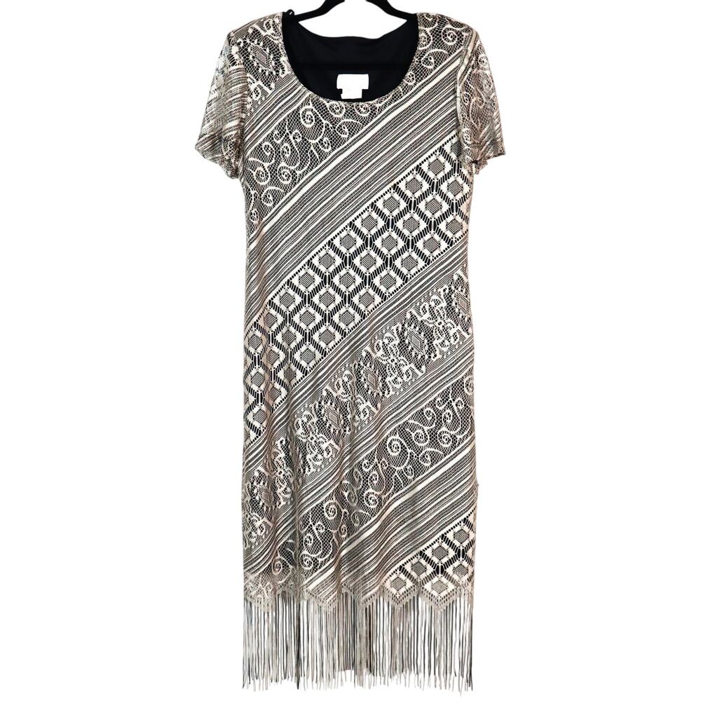 Vintage 90s Dress Champagne Gold Crochet Open Knit Fringe Flapper Lined 12 Party